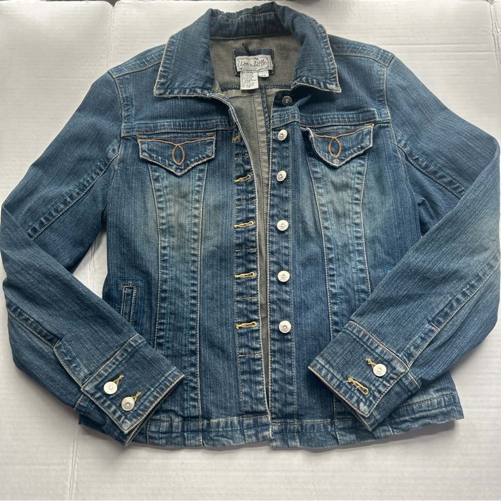 VINTAGE Live A Little Detailed Denim Jacket Embroidered Size Petite Small Y2K 90